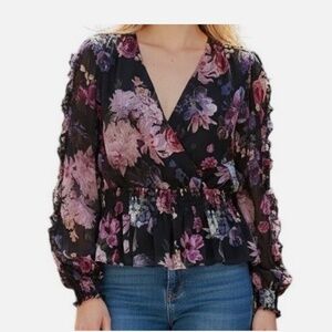 NWT Express Blouse, Floral, Peplum, Ruffle Long-Sleeve, Black & Purple, XS